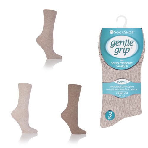 6 Pairs Ladies Diabetic Gentle Grip Socks Stone Size 4-8