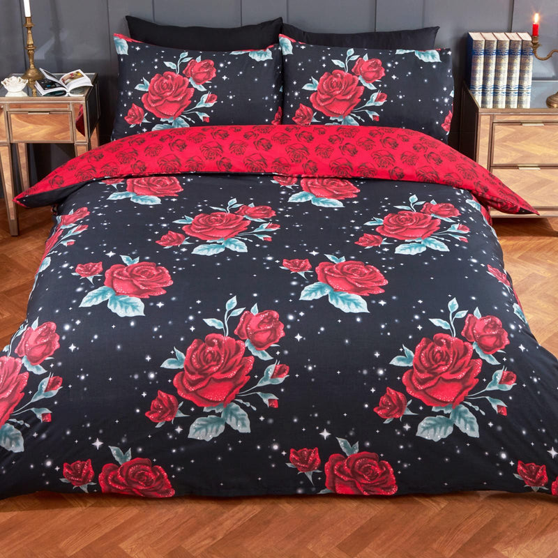 English Rose Design Black Red Duvet Set