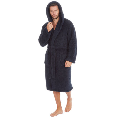 Mens Borg Hooded Navy Dressing Gown Robe Medium - XXL