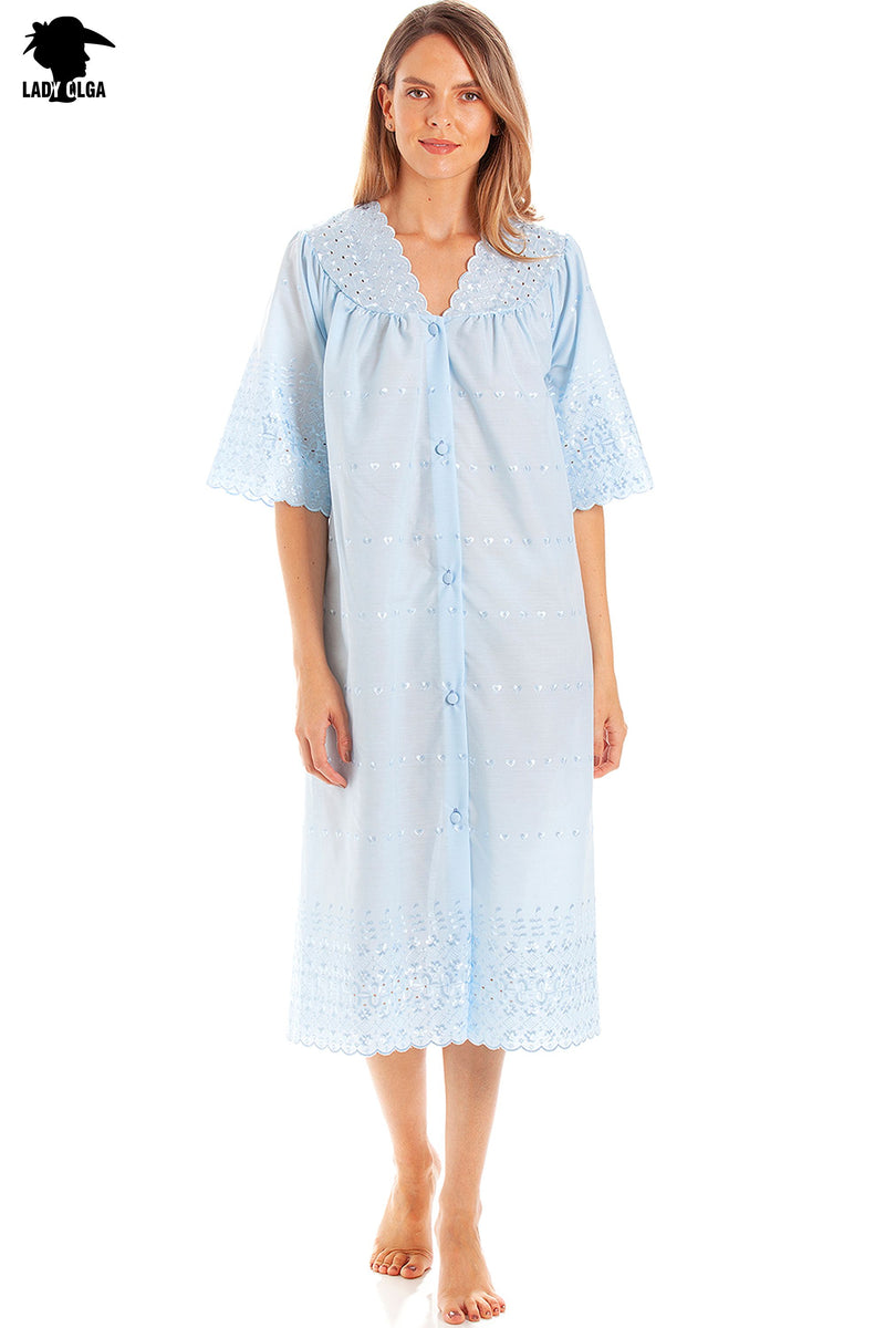 Ladies Button Through Embroidery Anglaise Nightdress by Lady Olga Size 8 - 24