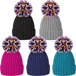 Ladies Rib Knit Bobble Hat With Multi Colour Yarn Pom Pom