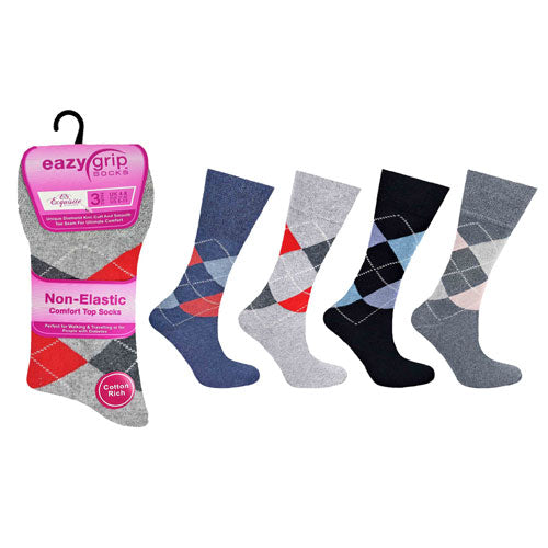 6 Pairs Ladies Eazy Grip Non Elastic Socks Argyle Size 4-8