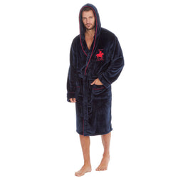 Mens Horse Emblem Fleece Hooded Navy Dressing Gown Robe Medium - XXL