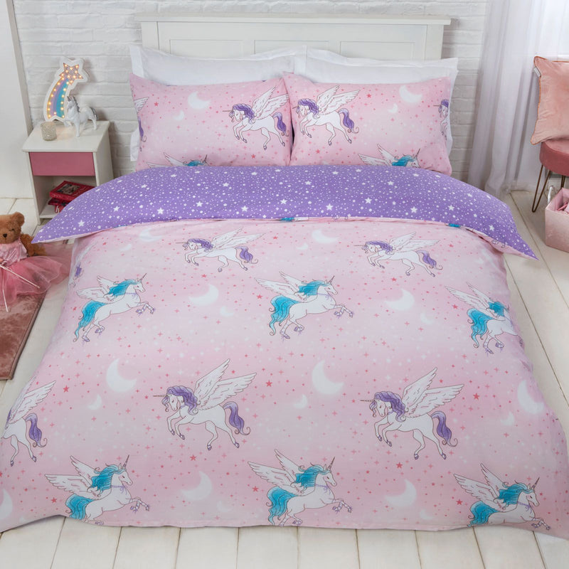 Children Sparkle Unicorn Reversible Blush Pink Duvet Set