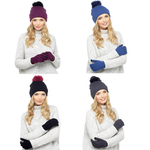 Ladies Knitted Pom Pom Bobble Hat With Gloves Set