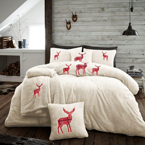 Luxury Super Soft Teddy Stag Embroidered Fleece Cream Duvet Cover Set