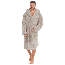 Mens Frosted Sherpa Hooded Camel Dressing Gown Robe Medium - XXL