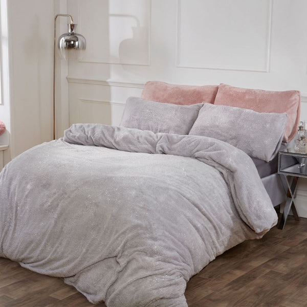 Luxurious Sienna Teddy Fleece Glitter Silver Grey Double Size Duvet Set