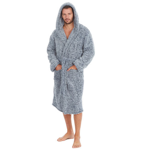 Mens Frosted Sherpa Hooded Navy Dressing Gown Robe Medium - XXL