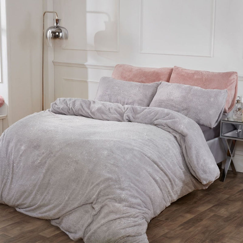 Luxurious Sienna Teddy Fleece Glitter Silver Grey Double Size Duvet Set