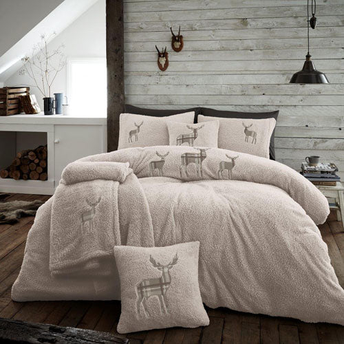 Luxury Super Soft Teddy Stag Embroidered Fleece Natural Duvet Cover Set