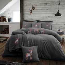 Luxury Super Soft Teddy Stag Embroidered Fleece Charcoal Duvet Cover Set