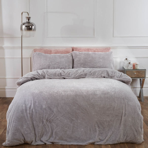 Luxurious Sienna Teddy Fleece Glitter Silver Grey Double Size Duvet Set