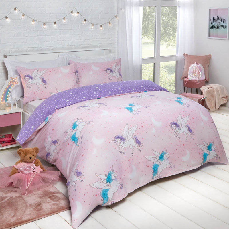 Children Sparkle Unicorn Reversible Blush Pink Duvet Set