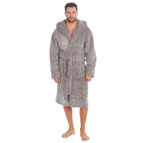 Mens Frosted Sherpa Hooded Grey Dressing Gown Robe Medium - XXL