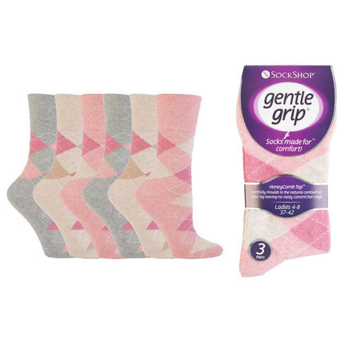 6 Pairs Ladies Gentle Grip Socks Argyle Pinks Size 4-8