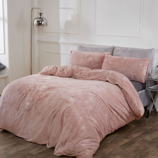 Luxurious Sienna Teddy Fleece Glitter Blush Pink Double Size Duvet Set