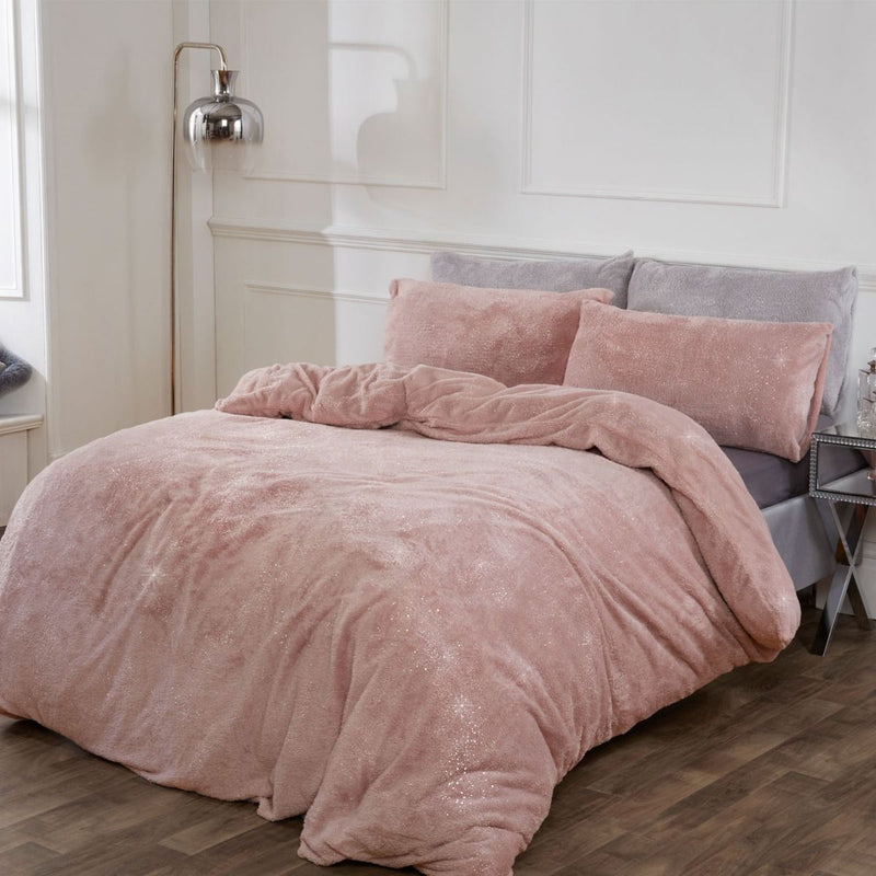 Luxurious Sienna Teddy Fleece Glitter Blush Pink Double Size Duvet Set