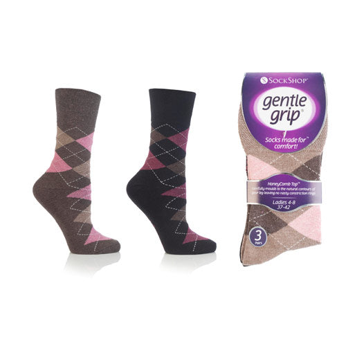 6 Pairs Ladies Gentle Grip Socks Argyle Pinks Size 4-8