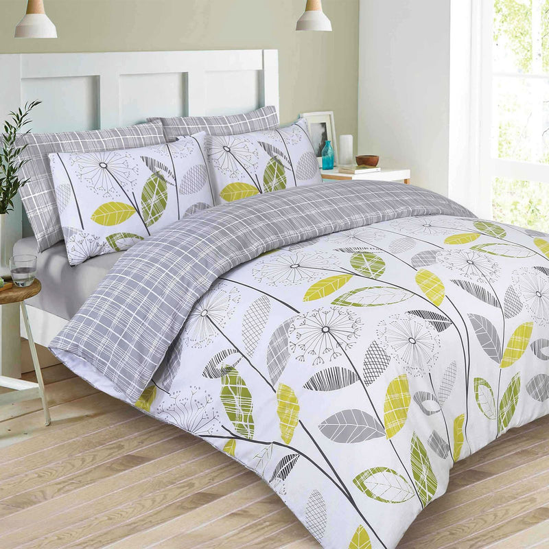 Allium Floral Tartan Check Design Grey White Duvet Set