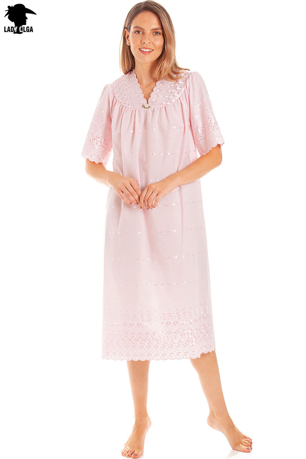 Ladies V Neck Embroidery Anglaise Nightdress by Lady Olga Size 8 - 24