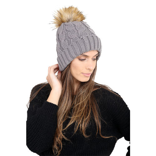 Ladies Natural Pom Pom Hat Cosy Lining