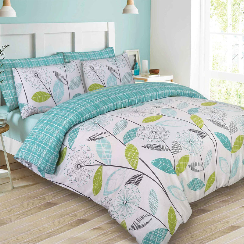 Allium Floral Tartan Check Design Teal Green Duvet Set