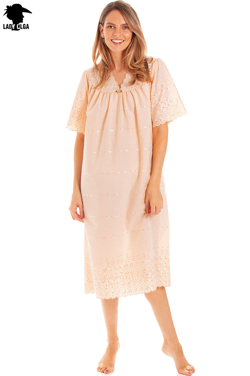 Ladies V Neck Embroidery Anglaise Nightdress by Lady Olga Size 8 - 24