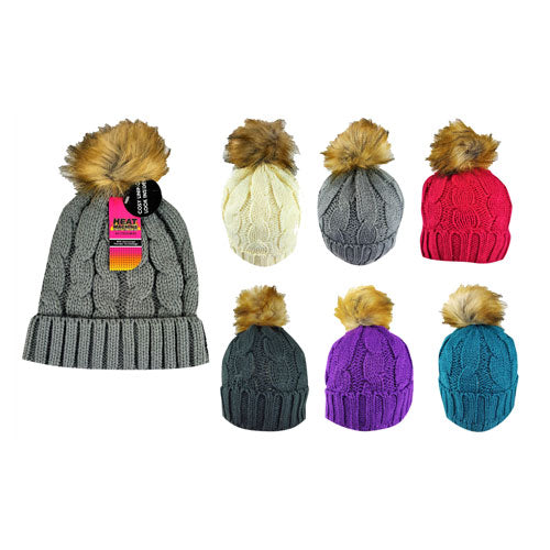 Ladies Natural Pom Pom Hat Cosy Lining