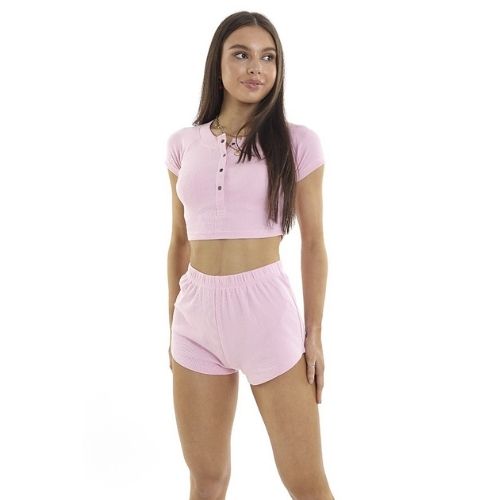 Ribbed Crop T-Shirt And Shorts Lounge Set Pink Size Small - XL