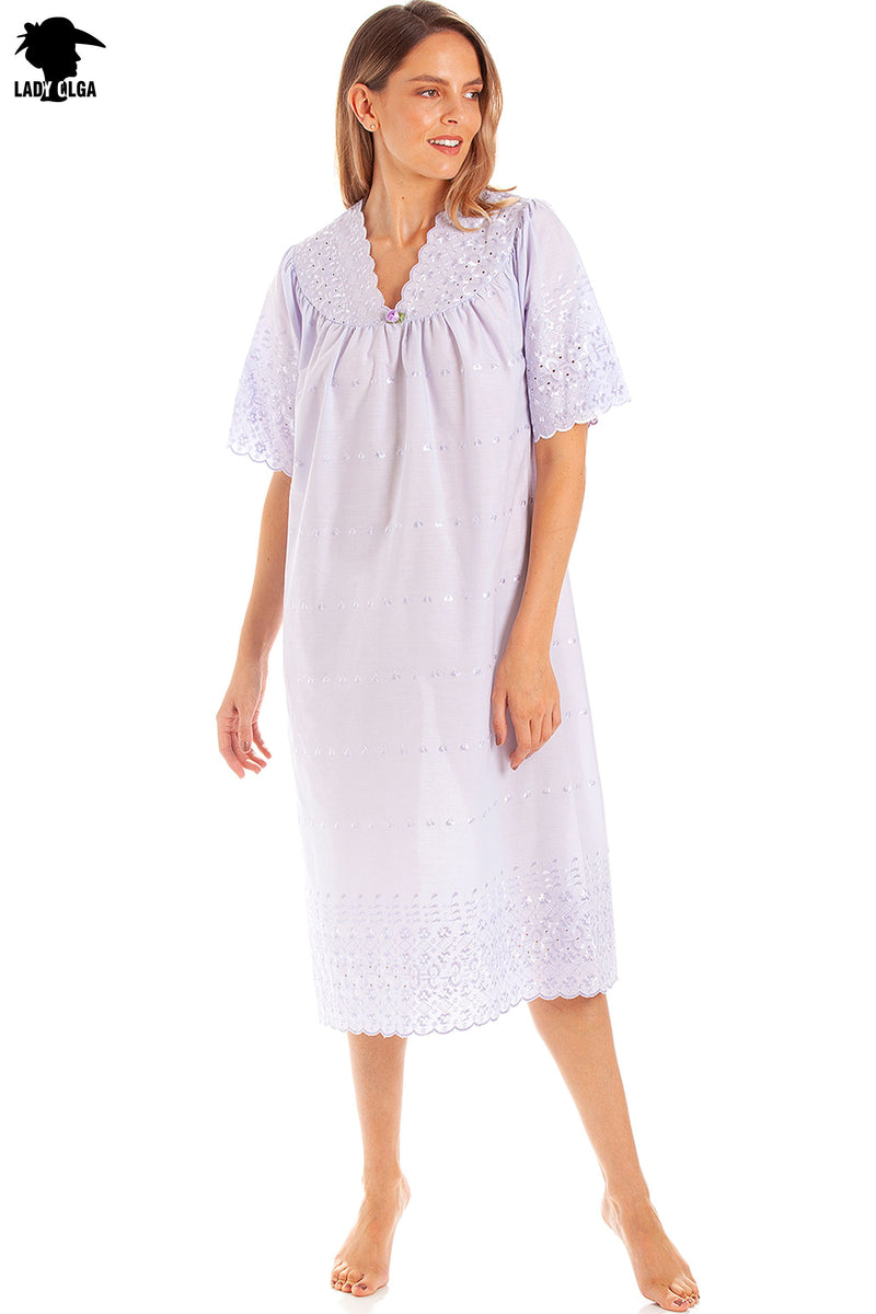 Ladies V Neck Embroidery Anglaise Nightdress by Lady Olga Size 8 - 24