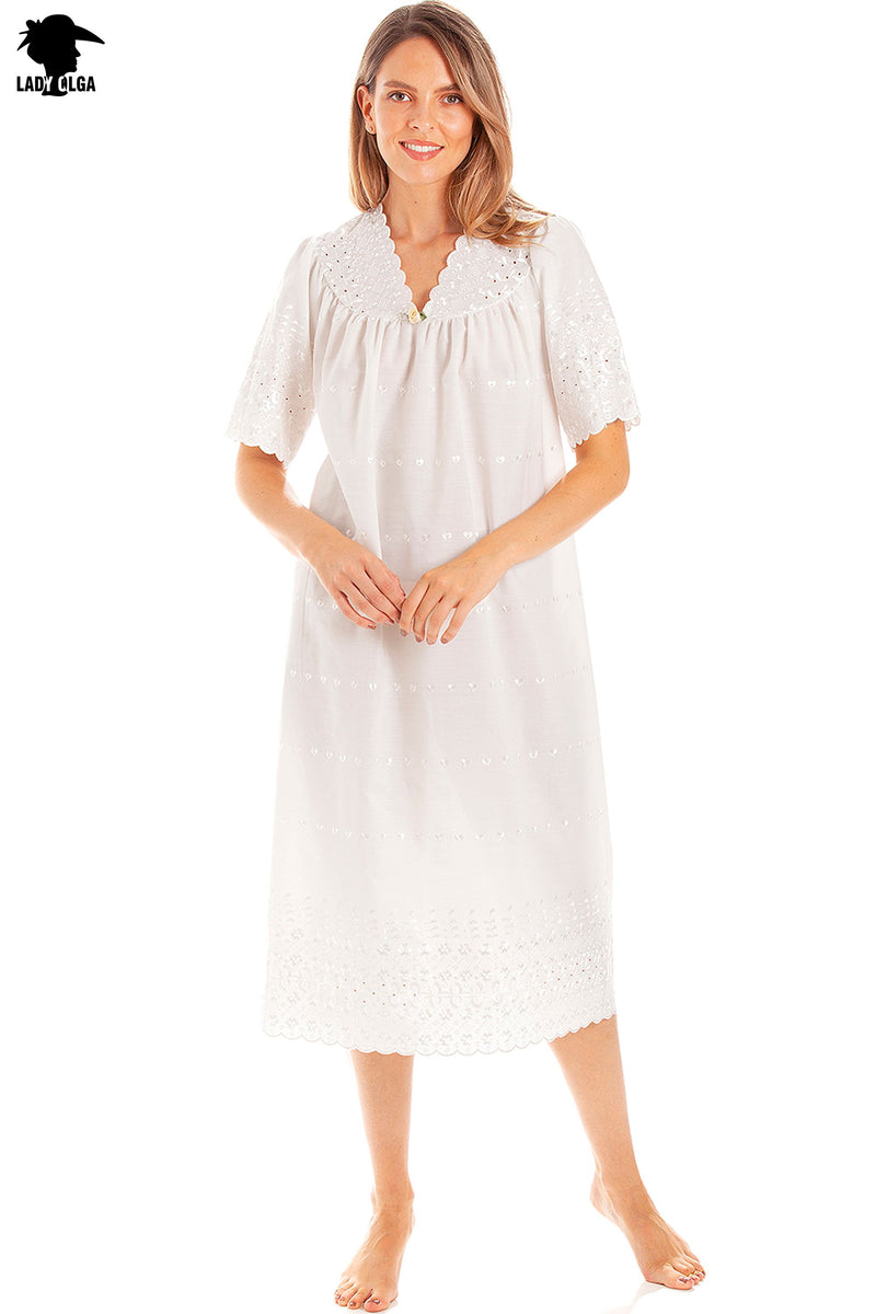 Ladies V Neck Embroidery Anglaise Nightdress by Lady Olga Size 8 - 24