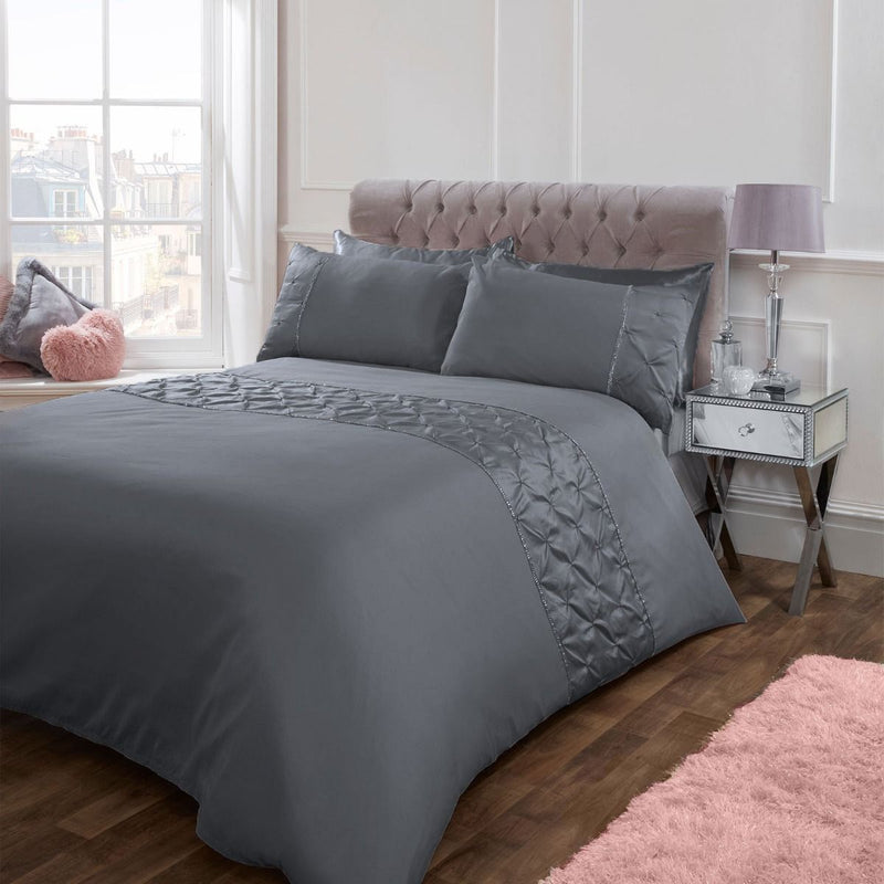 Sienna Satin Pintuck Diamante Band Silver Grey Duvet Cover Set