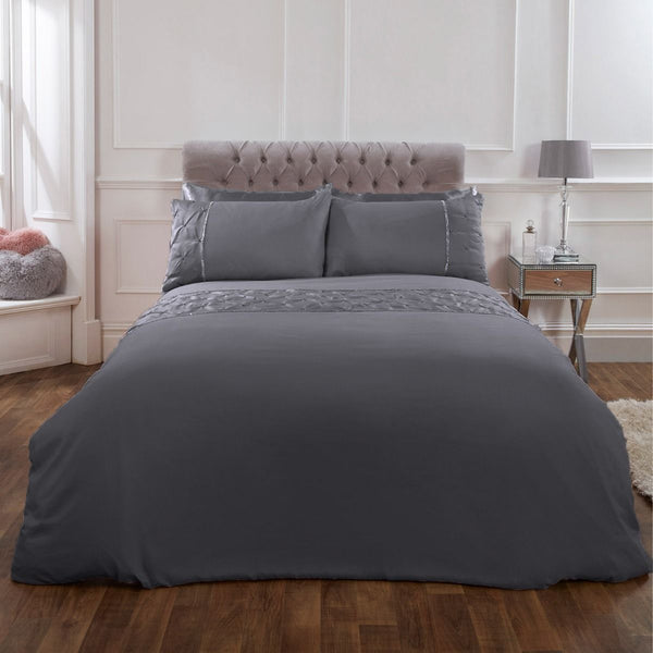 Sienna Satin Pintuck Diamante Band Silver Grey Duvet Cover Set