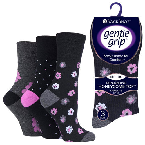 6 Pairs Ladies Gentle Grip Socks Floral Enchant Size 4-8