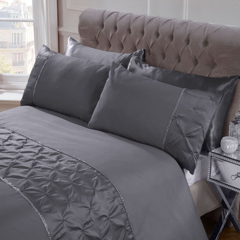 Sienna Satin Pintuck Diamante Band Silver Grey Duvet Cover Set