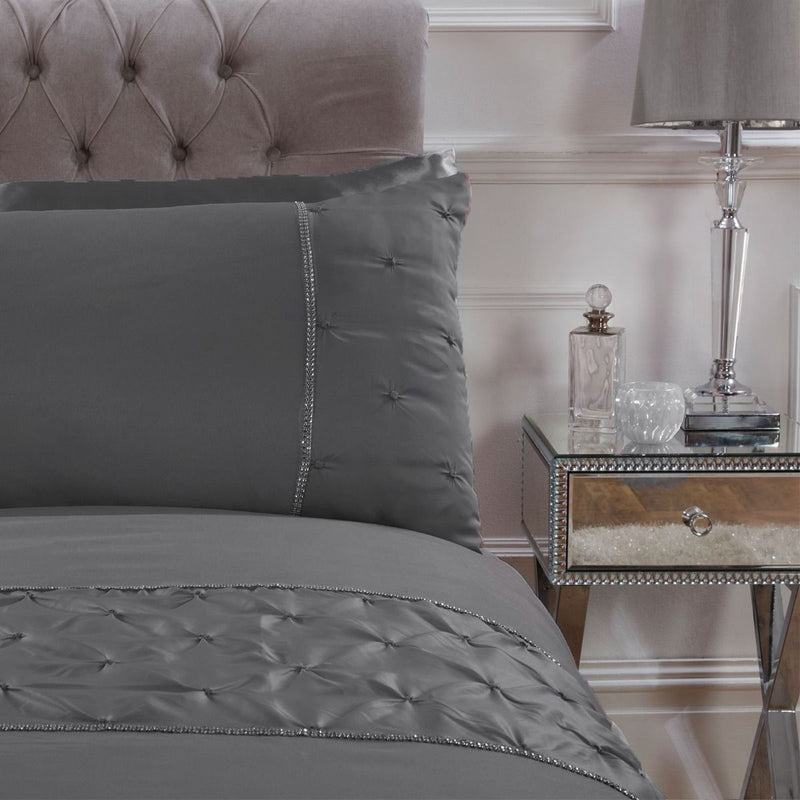 Sienna Satin Pintuck Diamante Band Silver Grey Duvet Cover Set