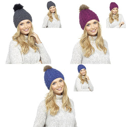 Ladies Chunky Bobble Hat With Detachable Fur Pom Pom