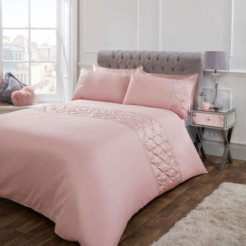 Sienna Satin Pintuck Diamante Band Blush Pink Duvet Cover Set