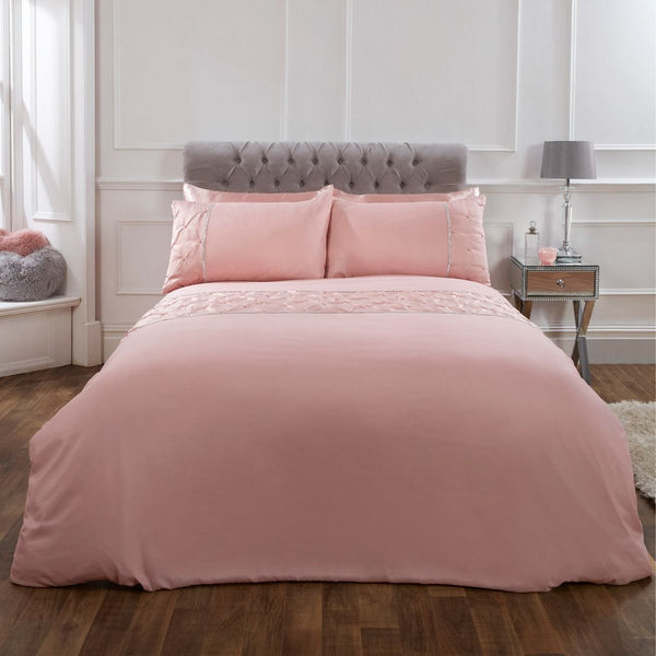 Sienna Satin Pintuck Diamante Band Blush Pink Duvet Cover Set