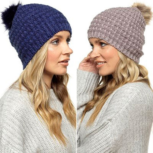 - Ladies Soft Beanie Hat With Fur Pom Pom