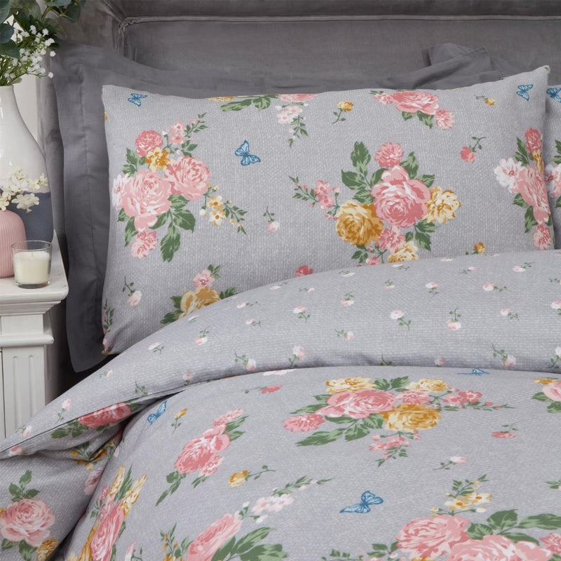 Blushing Rose Floral Grey Duvet Set