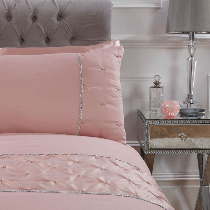 Sienna Satin Pintuck Diamante Band Blush Pink Duvet Cover Set