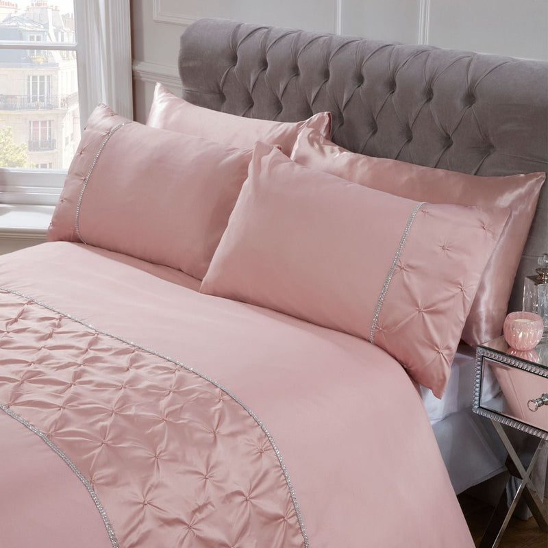 Sienna Satin Pintuck Diamante Band Blush Pink Duvet Cover Set