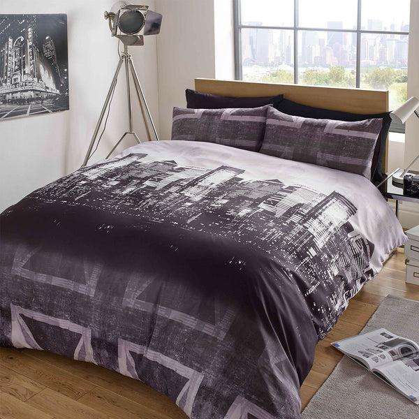 London Skyline Union Jack Design Charcoal Duvet Set