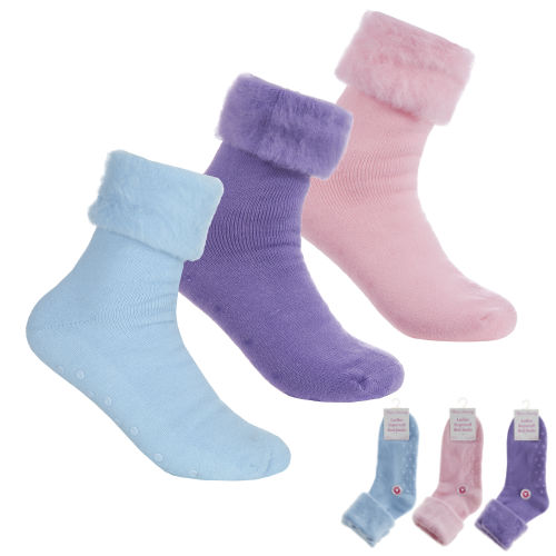 3 Pairs Ladies Supersoft Bed Socks With Grippers Pastel Size 4-7