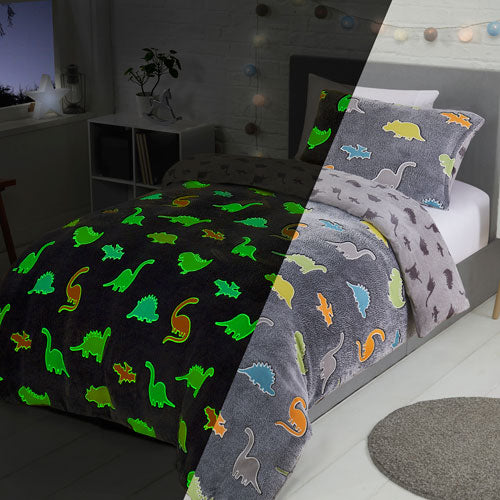 Children Dinosaur Glow In The Dark Fleece Duvet Set