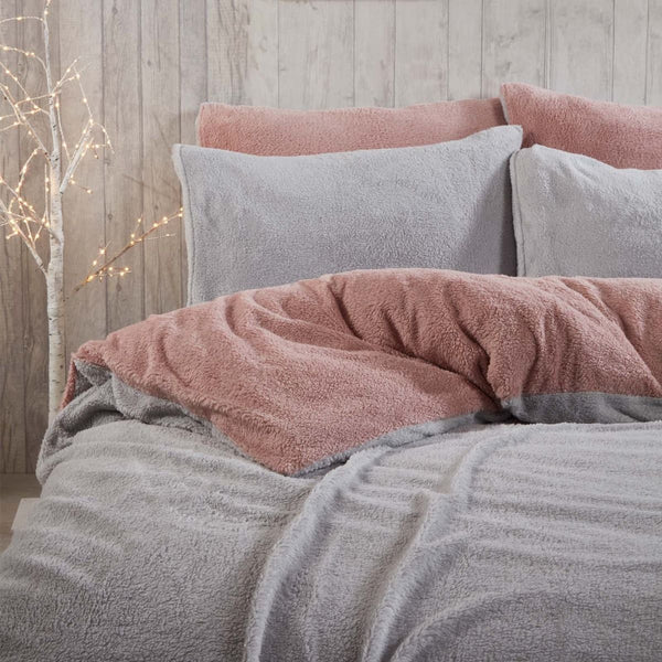 Brentfords Teddy Fleece Blush Pink Grey Duvet Set