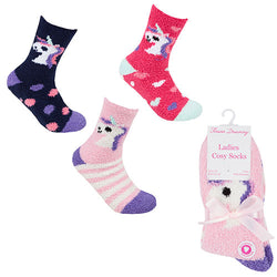 3 Pairs Ladies Cosy Socks With Grippers Unicorn Size 4-8