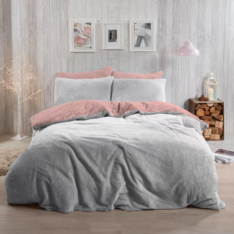 Brentfords Teddy Fleece Blush Pink Grey Duvet Set